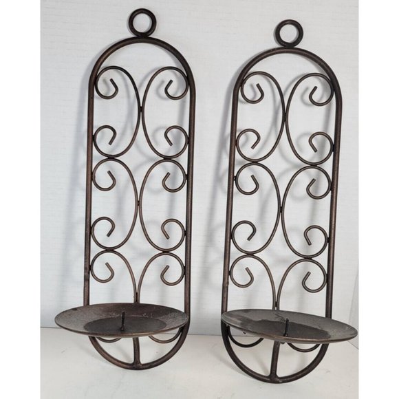 Set of 2 Vintage Black Wrought Iron Candle Holder Wall Sconces Scroll Work - Picture 1 of 10